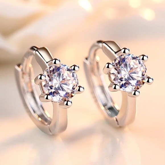 🌟 Sterling Silver 925 Hoop Huggies Diamond Earrings - Picture 2 of 4